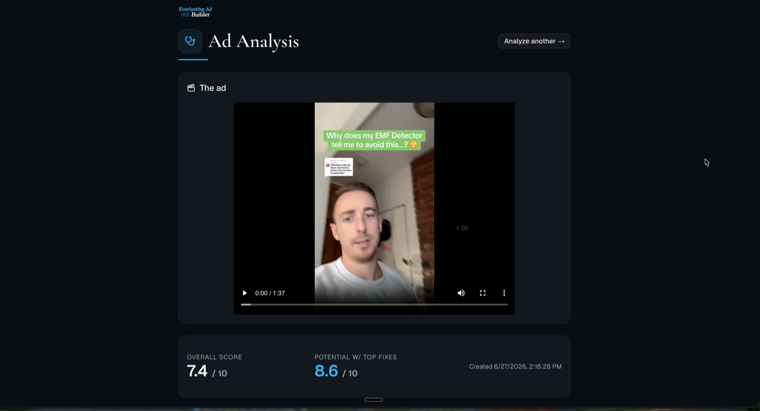 Everlasting Ad Builder — Ad Analysis: an ad scored 7.4/10, with 8.6/10 potential after the top fixes