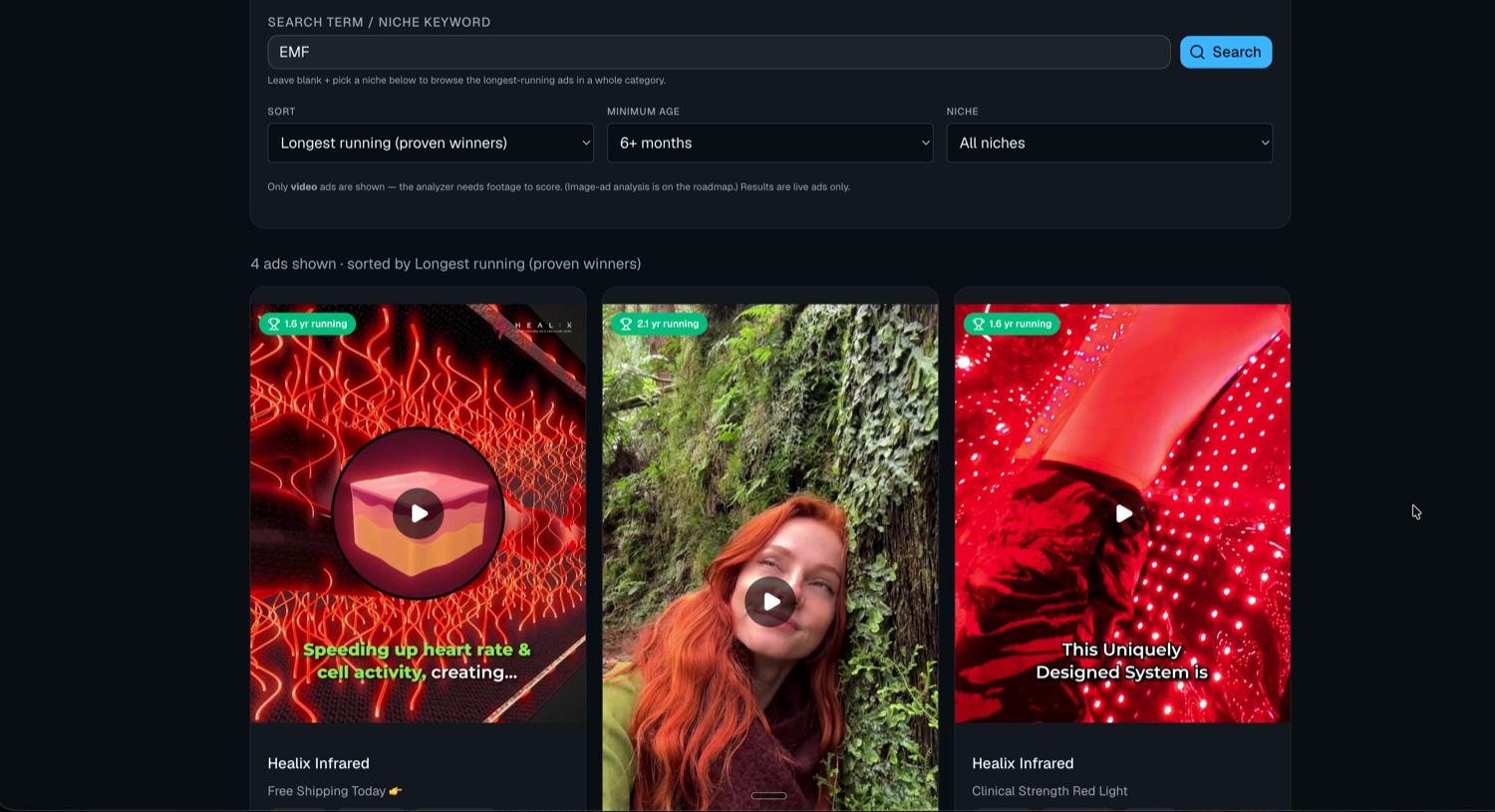 Everlasting Ad Builder — Ad Discovery: a grid of proven, longest-running competitor video ads